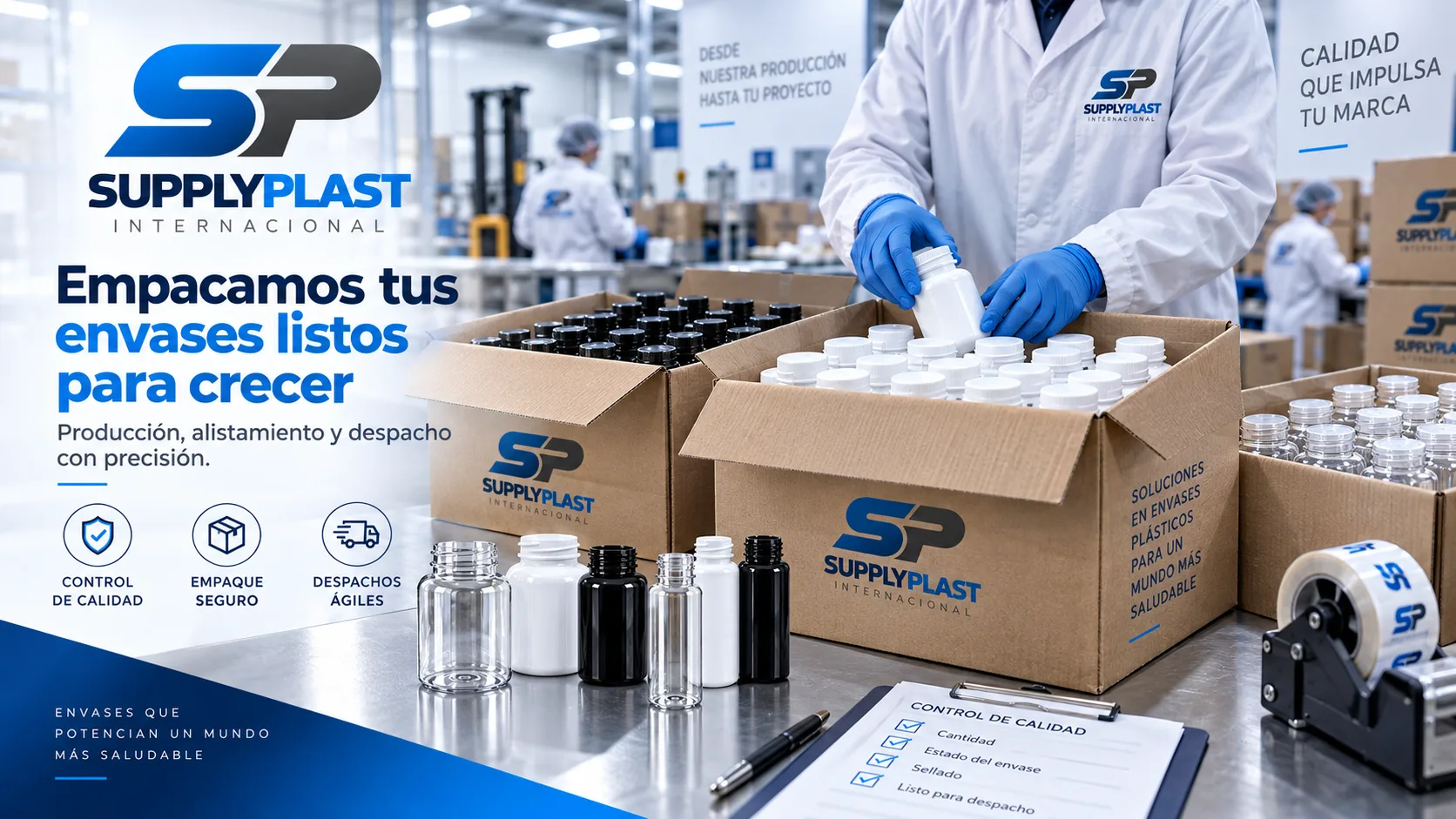 Empacamos tus envases listos para crecer: produccion, alistamiento y despacho con precision. Equipo de Supply Plast Internacional embalando envases en caja sellada.