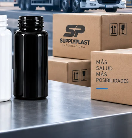 Cajas selladas con el logotipo de Supply Plast Internacional listas para despacho, junto al camion de reparto