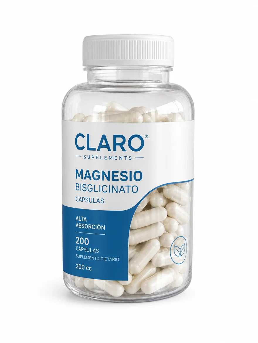 Envase transparente de 200 cc que deja ver capsulas blancas, con etiqueta de muestra parcial blanca y azul