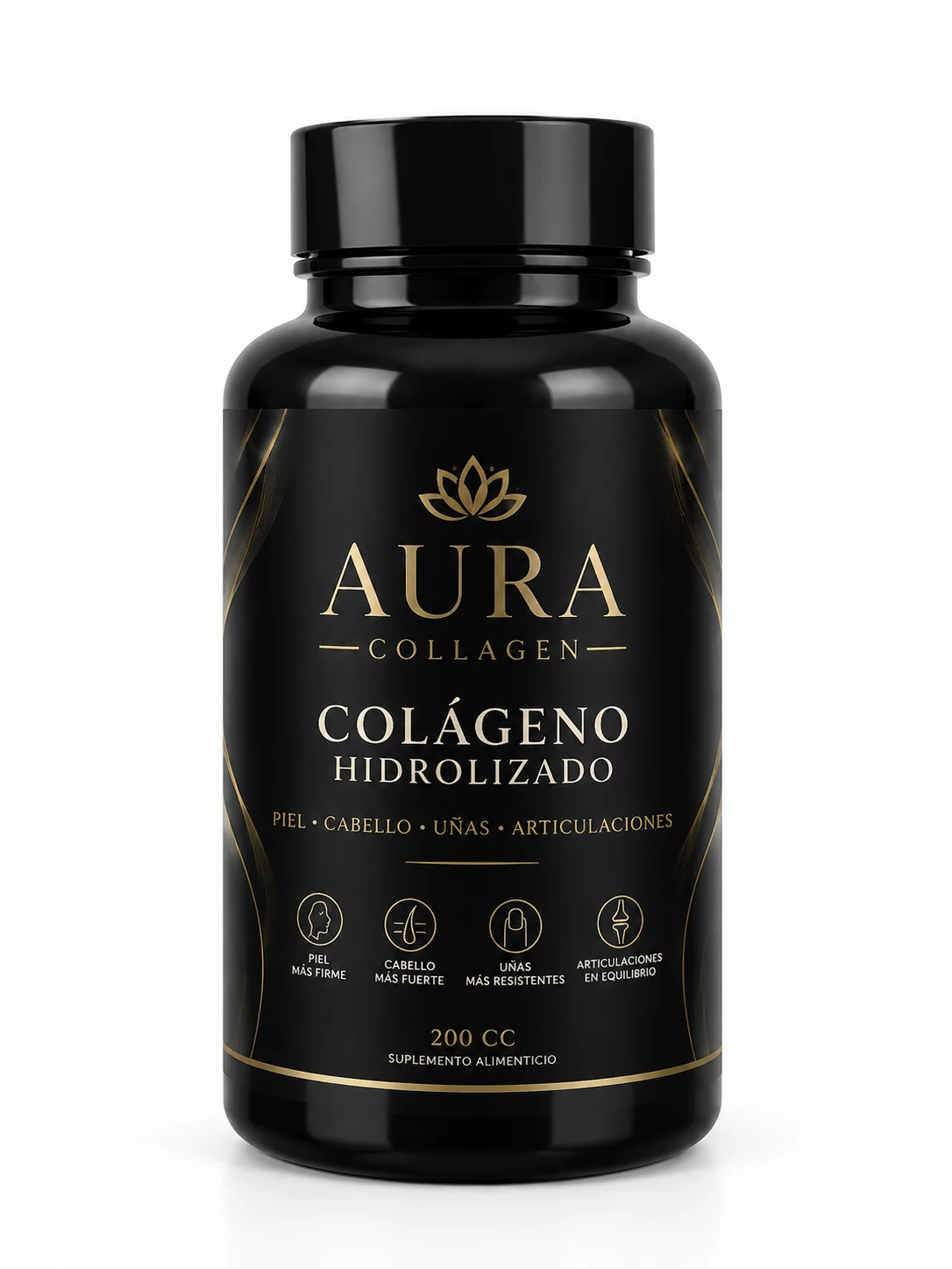 Envase negro de 200 cc con etiqueta de muestra de colageno hidrolizado, negro con detalles dorados