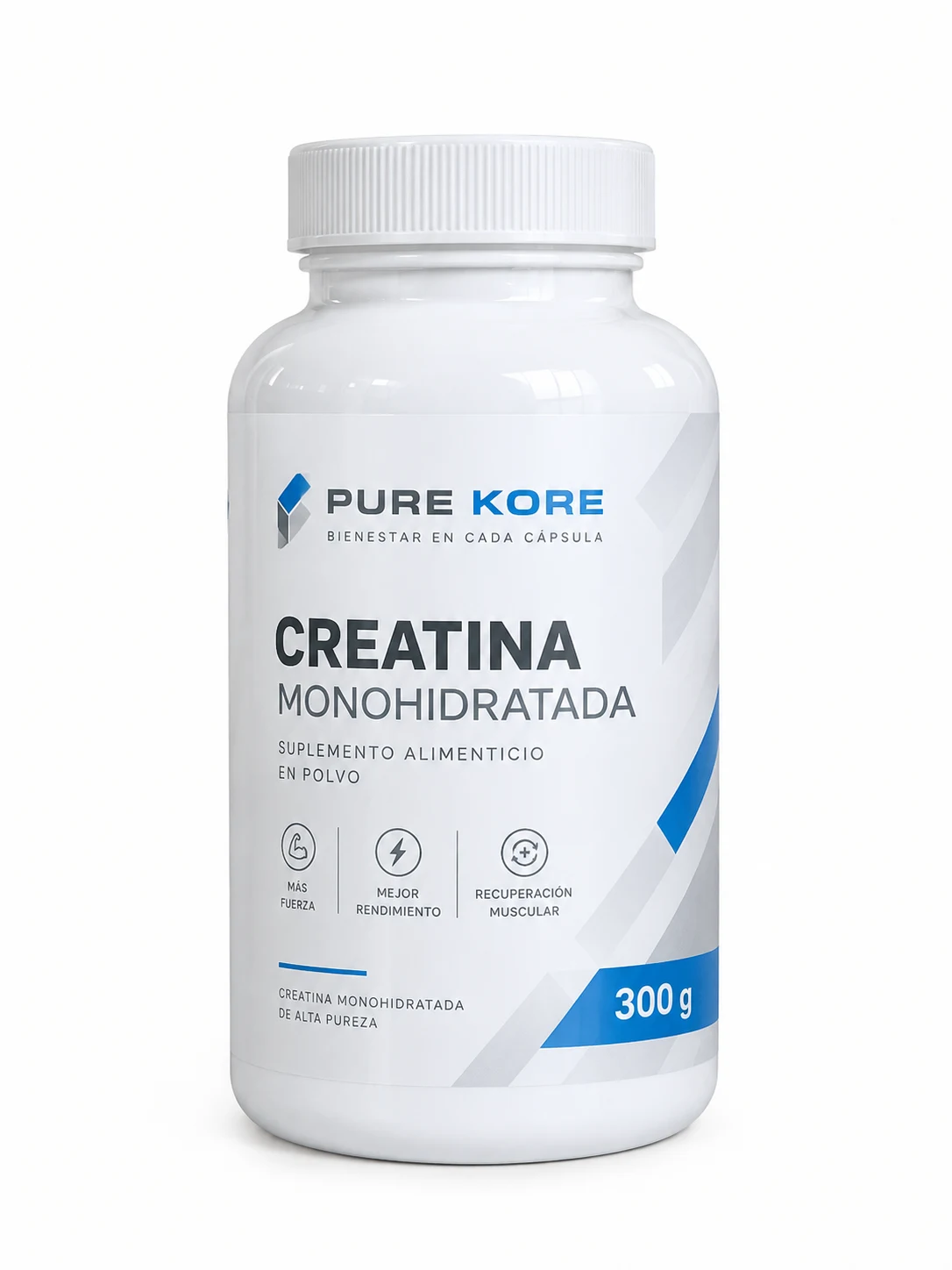 Envase blanco de 200 cc con etiqueta de muestra de creatina monohidratada, diseno clinico blanco y gris