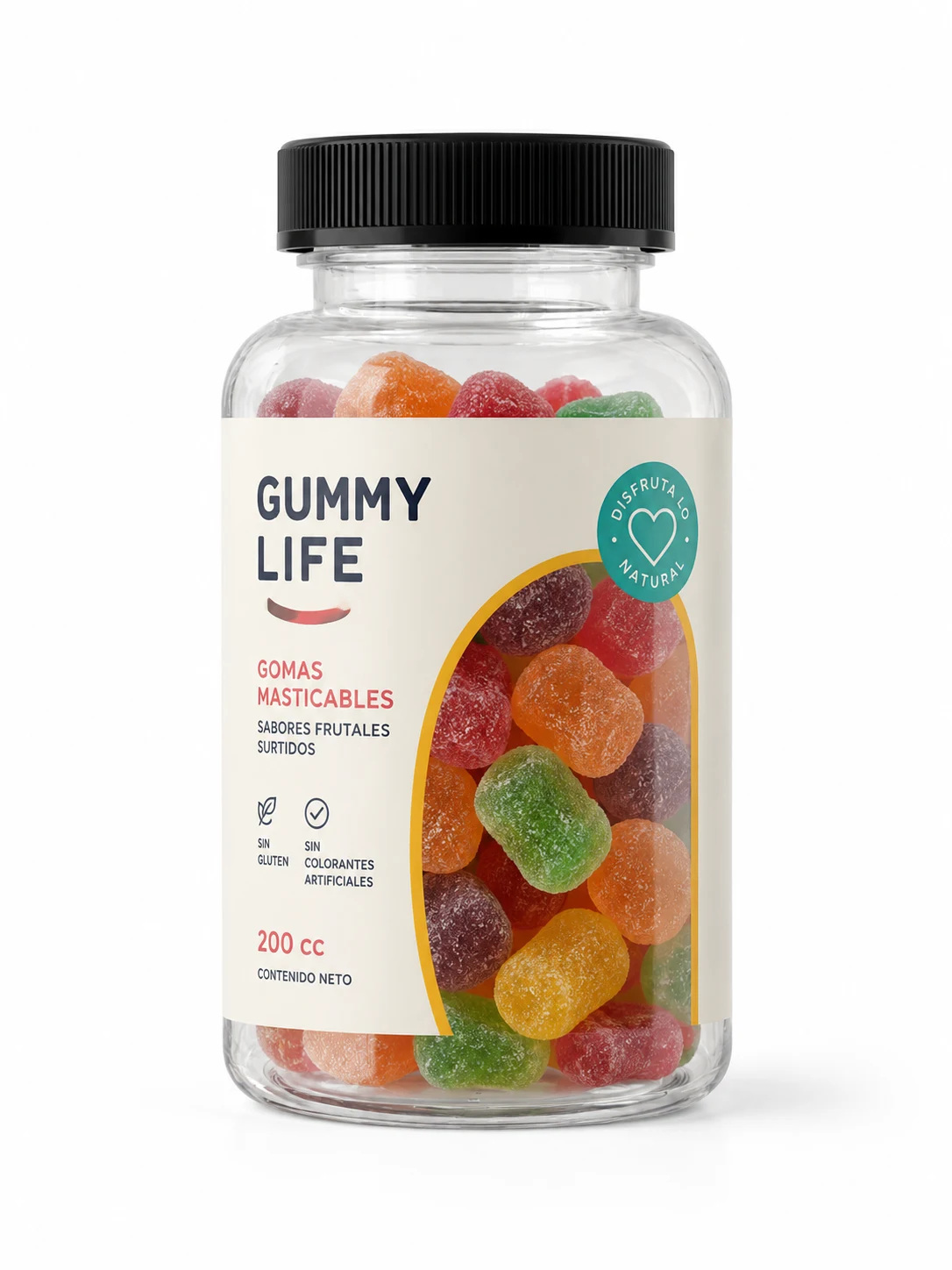 Envase transparente de 200 cc que deja ver gomas masticables de colores, con etiqueta de muestra y tapa negra