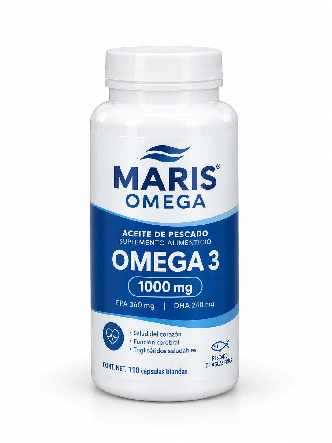 Envase blanco de 110 cc con etiqueta de muestra de omega 3, azul profundo y blanco