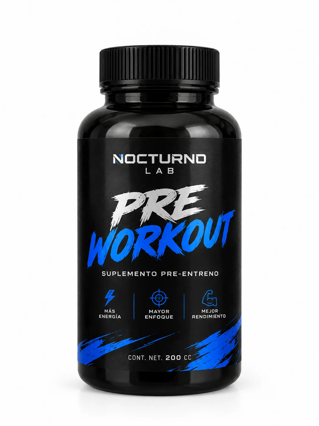 Envase negro de 200 cc con etiqueta de muestra de pre-entreno, negro con acento azul electrico