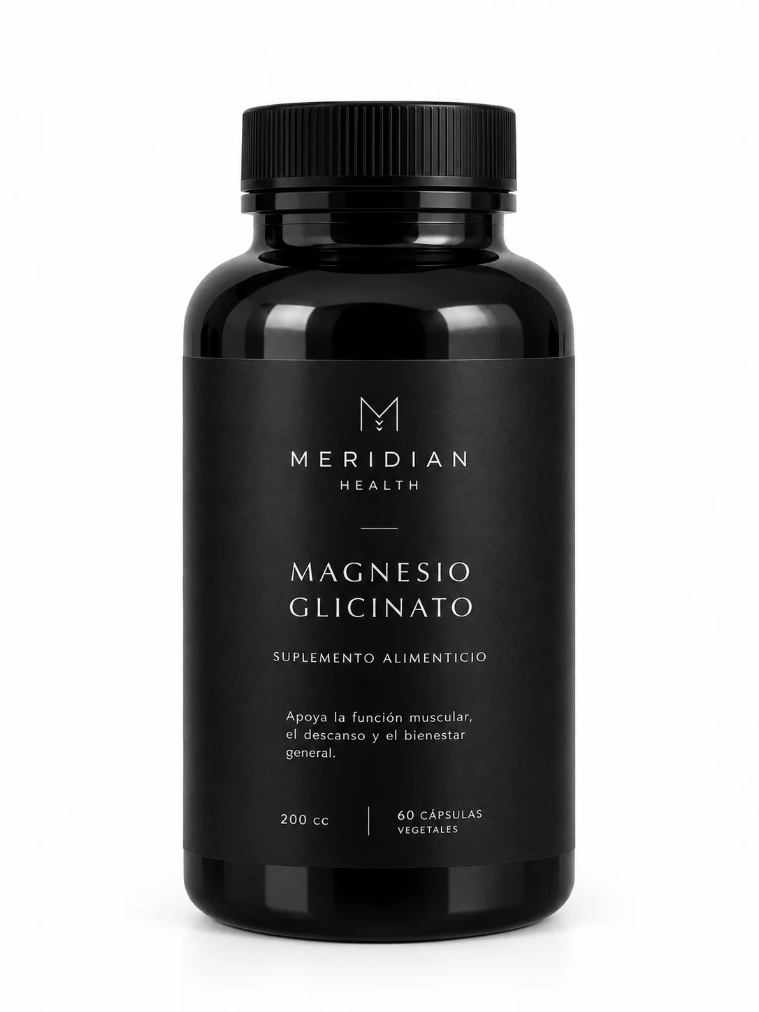 Envase negro de 200 cc con etiqueta de muestra premium, negro con tipografia fina y mucho espacio en blanco