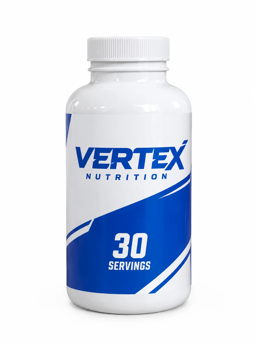 Envase blanco de 200 cc con etiqueta de muestra de proteina en polvo, azul y blanco