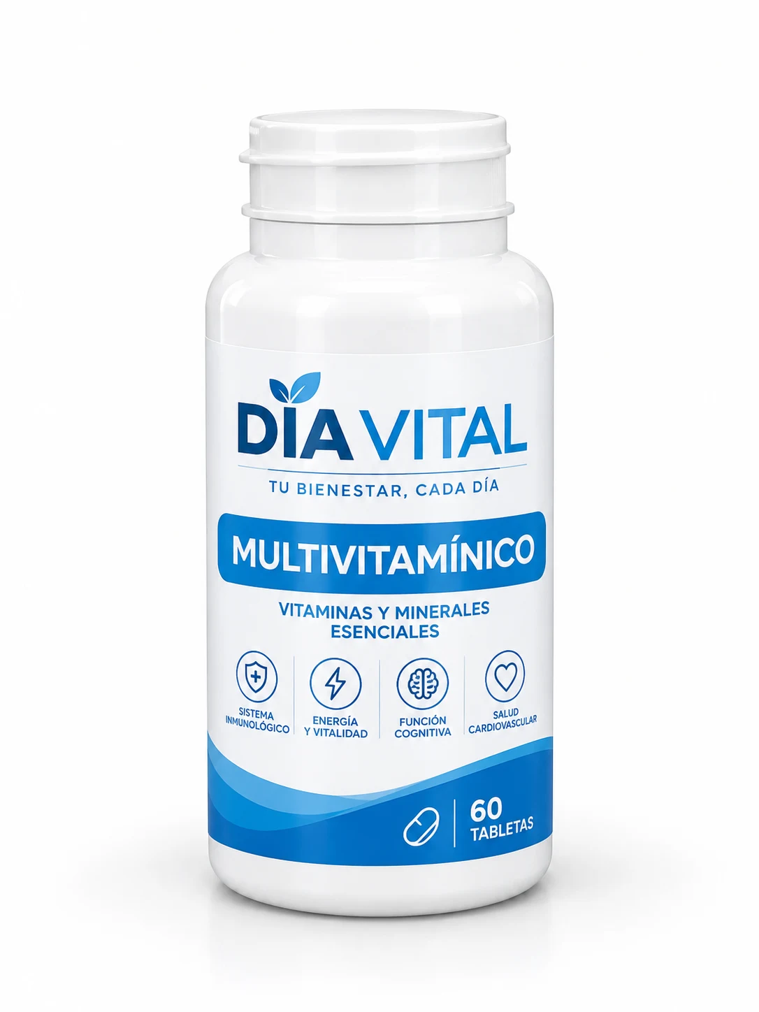 Envase blanco de 110 cc con etiqueta de muestra de multivitaminico, blanco con franja azul